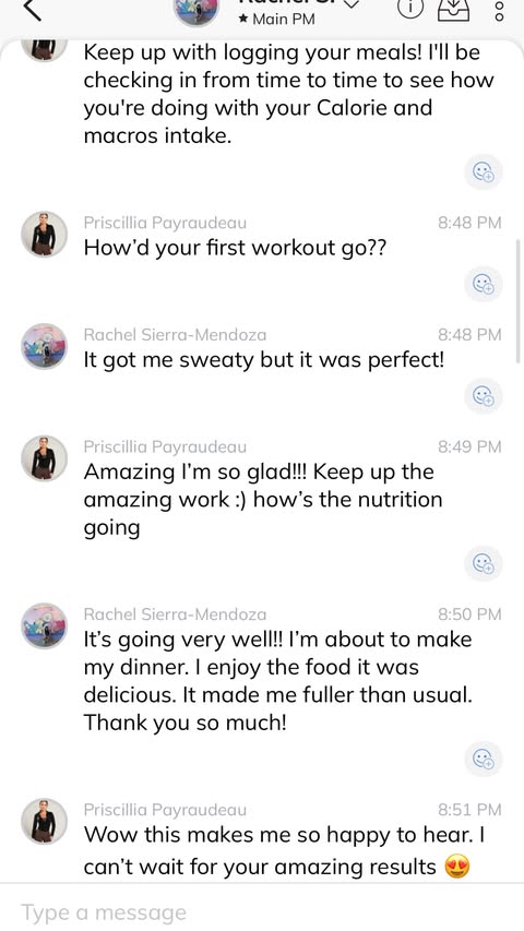 Client message sharing positive workout and nutrition feedback