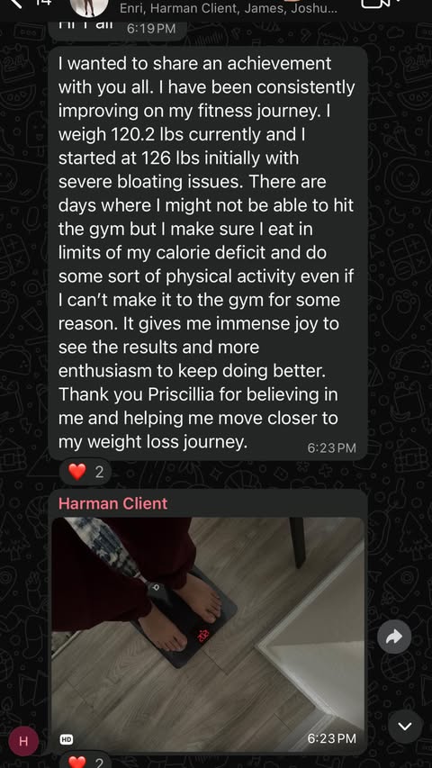 Client message describing consistency, confidence, and progress